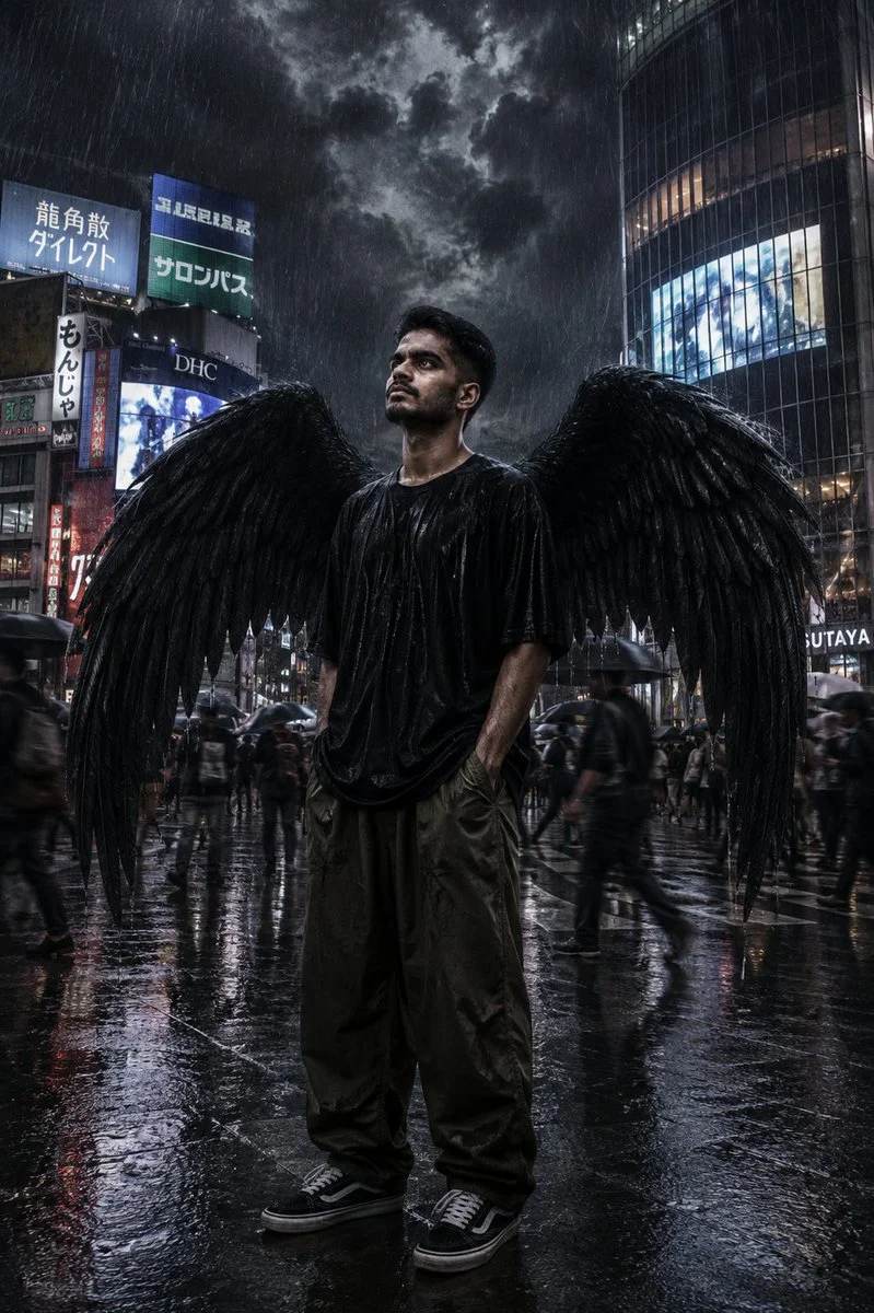 Rain-soaked man with black wings stands still amid blurred city crowd