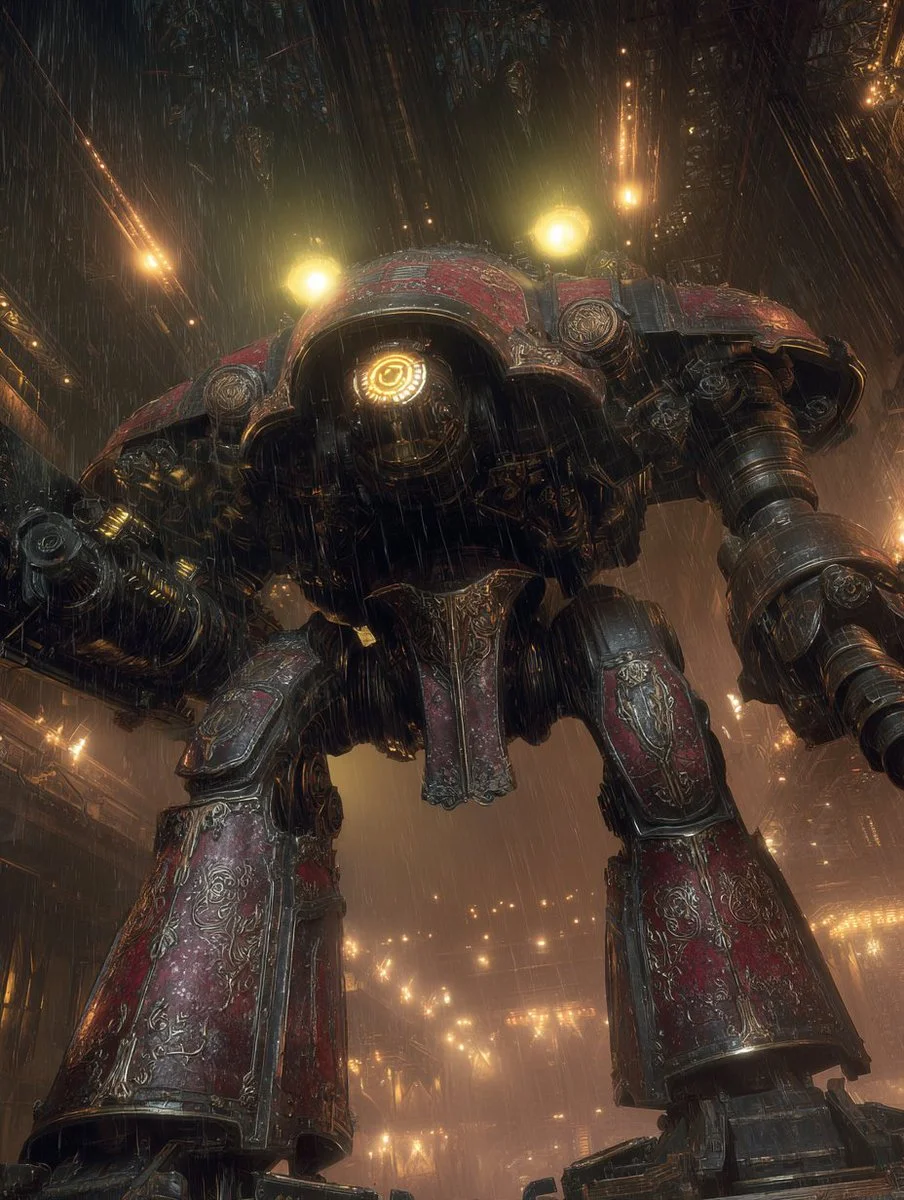 Rain-soaked mech looms in shadowy cathedral with upward shining spotlights