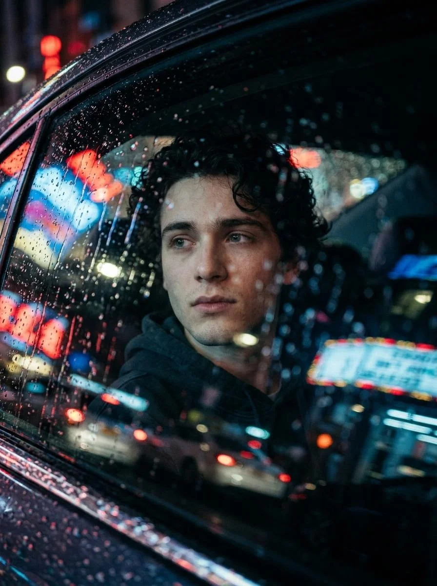 Rain-Soaked Reflection: Cinematic Portrait Through a Car Window
