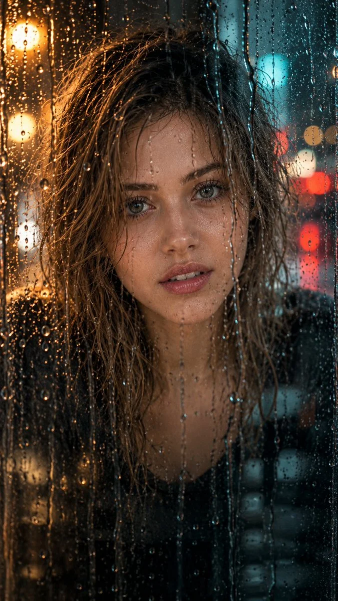 Rain-soaked woman's intense gaze through neon-lit glass pane
