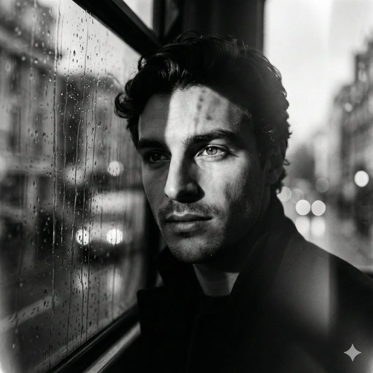 Rain-Streaked Elegance: A Portrait in Noir