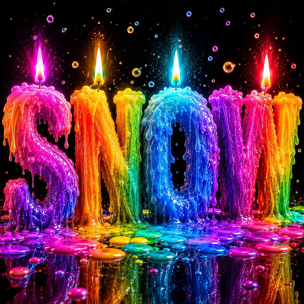 Rainbow wax letters glow with neon flames on dark backdrop
