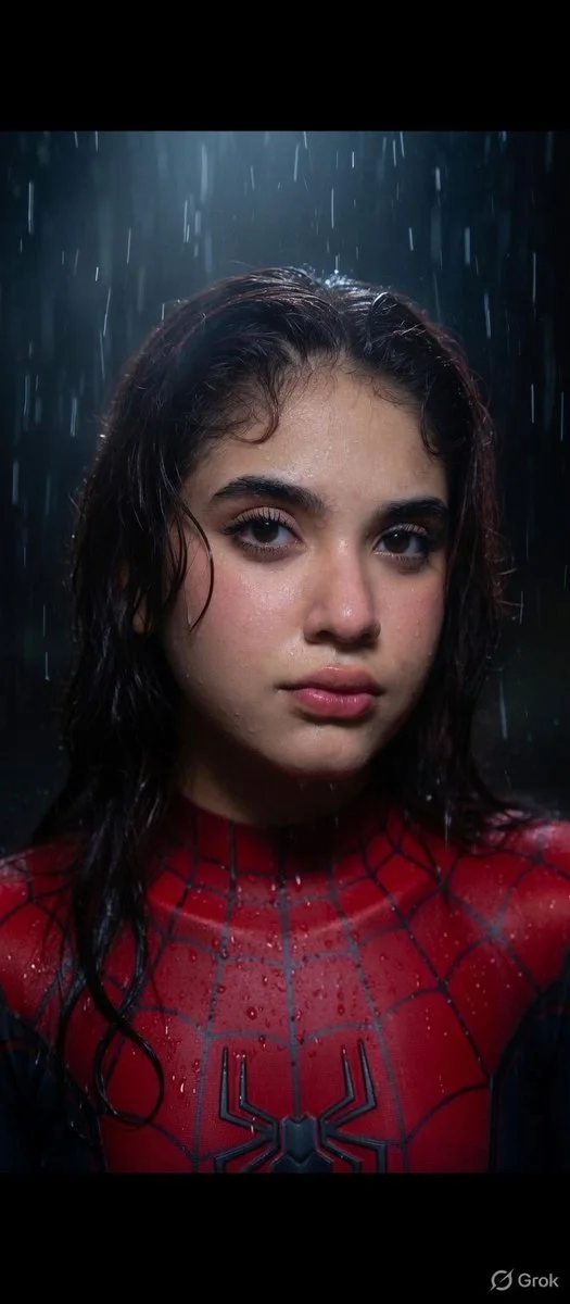 Raindrop Veil: Hyper-Realistic Close-Up of a Female Spider Suit in Night Rain