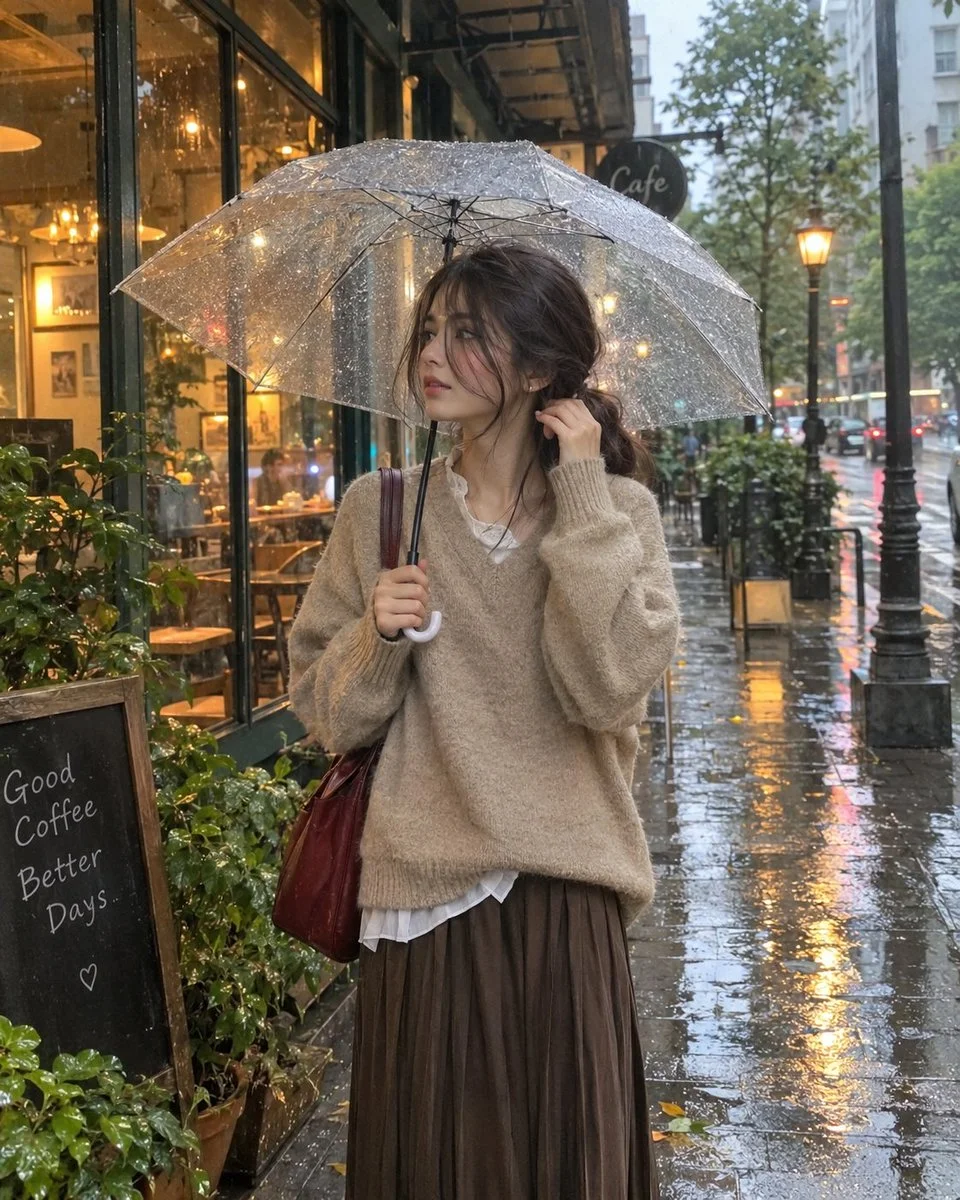 Rainy Café Portrait of Woman Holding Transparent Umbrella