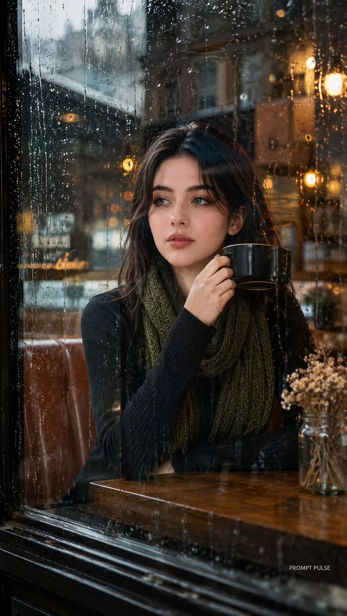 Rainy café window frames a woman's thoughtful gaze with coffee