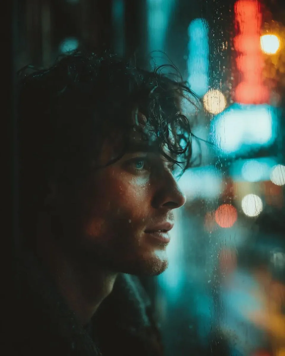 Rainy night reflection shows a young man's face in neon-lit glass