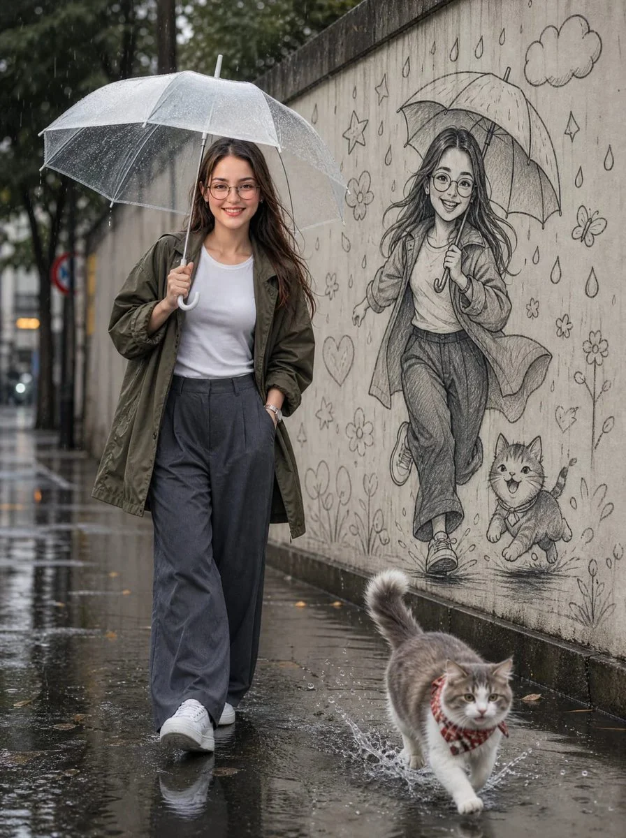 Rainy street portrait of a confident woman with a graphite mural