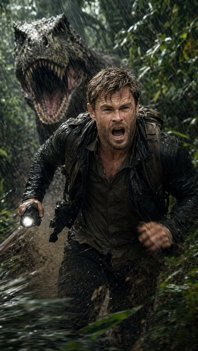 Raw Fear in Nature’s Fury: Human vs. Dinosaur Under Stormy Canopy