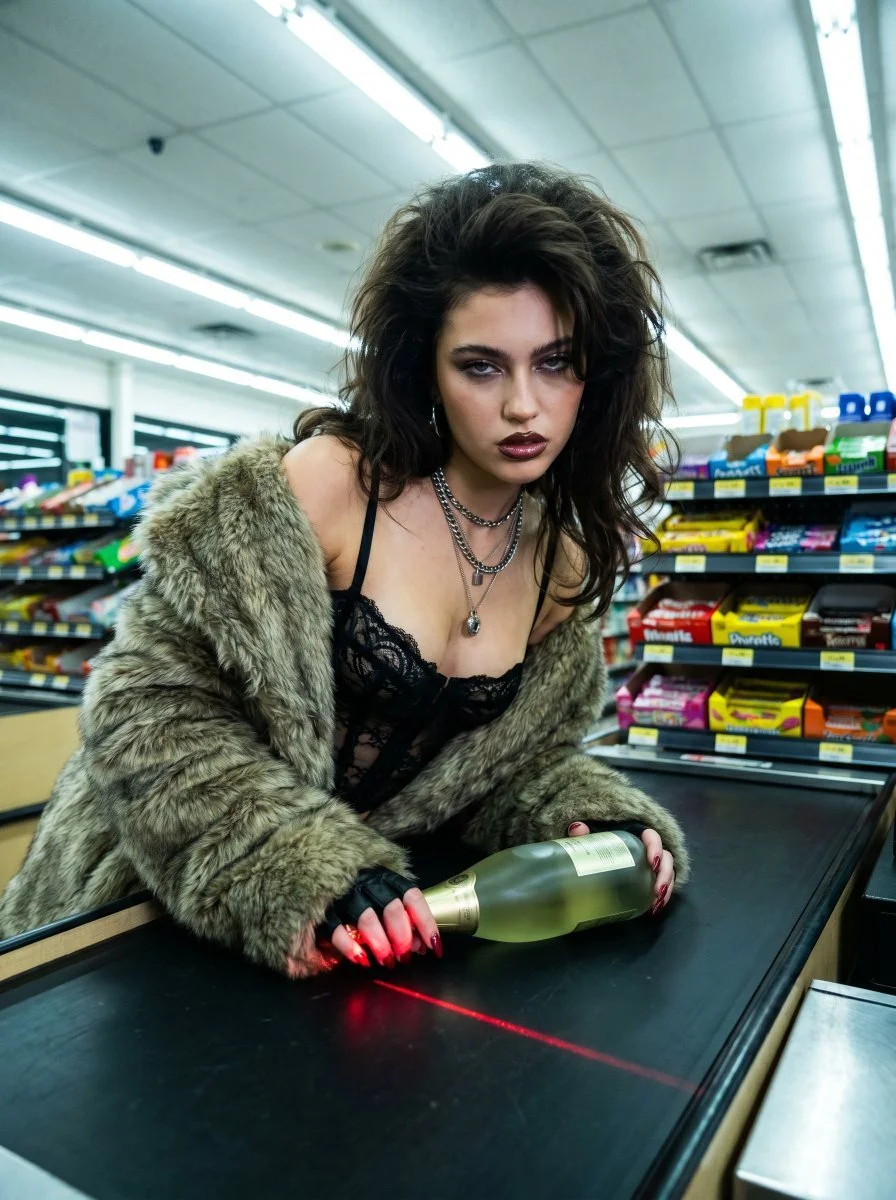 Razor-sharp focus on lips and lace creates an intense grocery store portrait