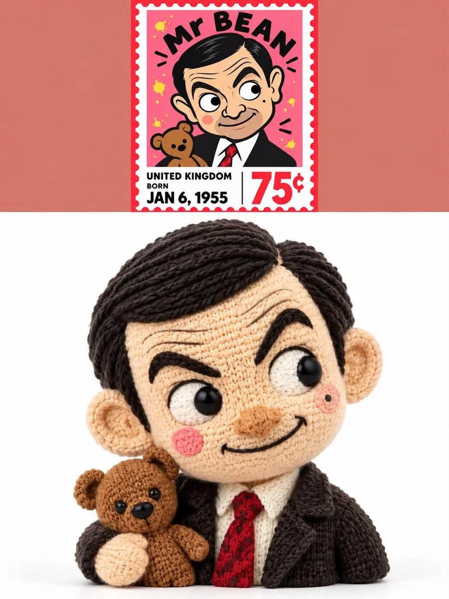 Real Photo Turns into a 3D Knitted Plush Doll Comparison Poster