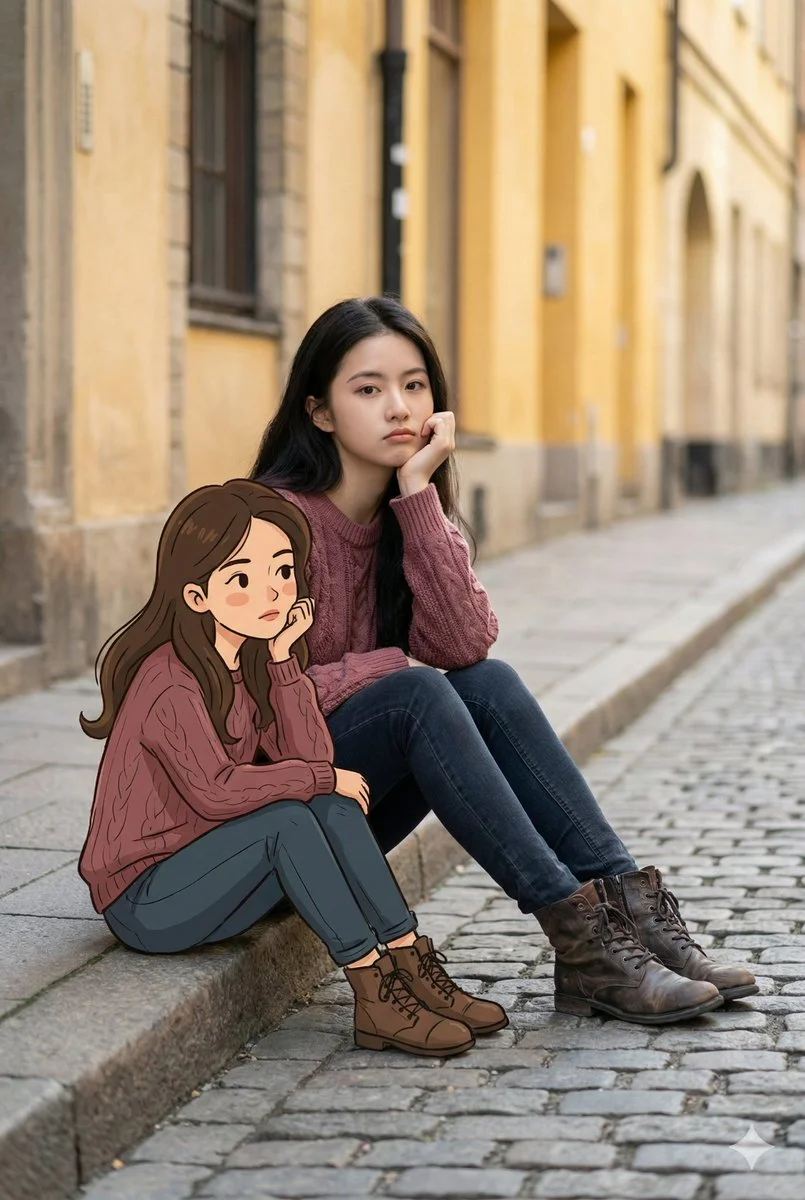 Real vs. Cartoon: Reflective Portrait on a Quiet City Street