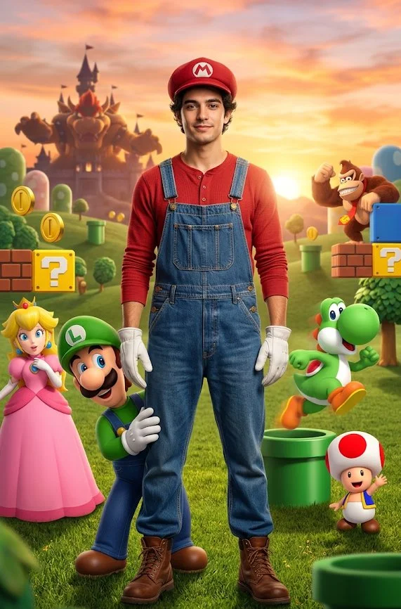 Real-World Mario Amid a Lively Mushroom Kingdom