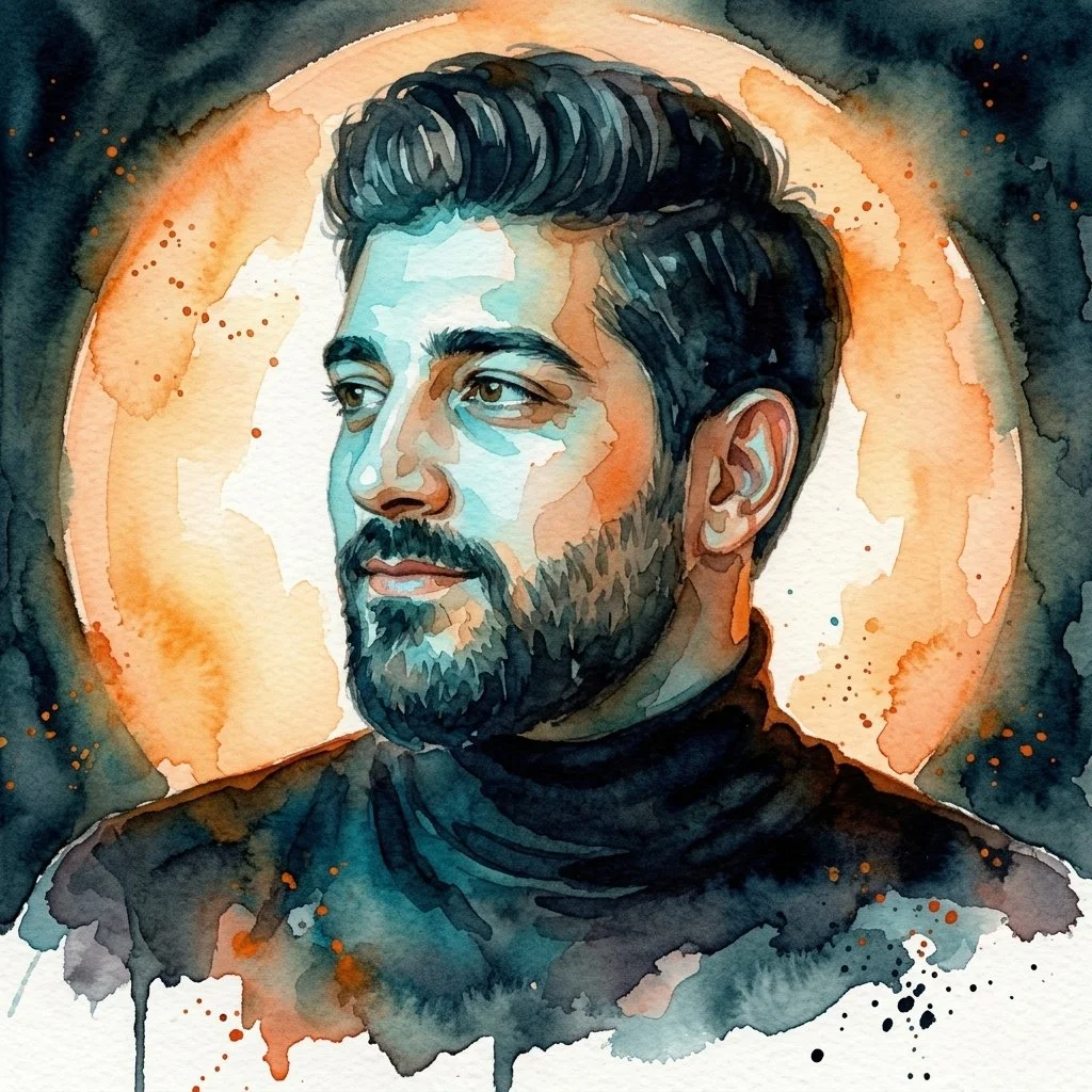 Realistic face rendered in flowing watercolor with soft edges