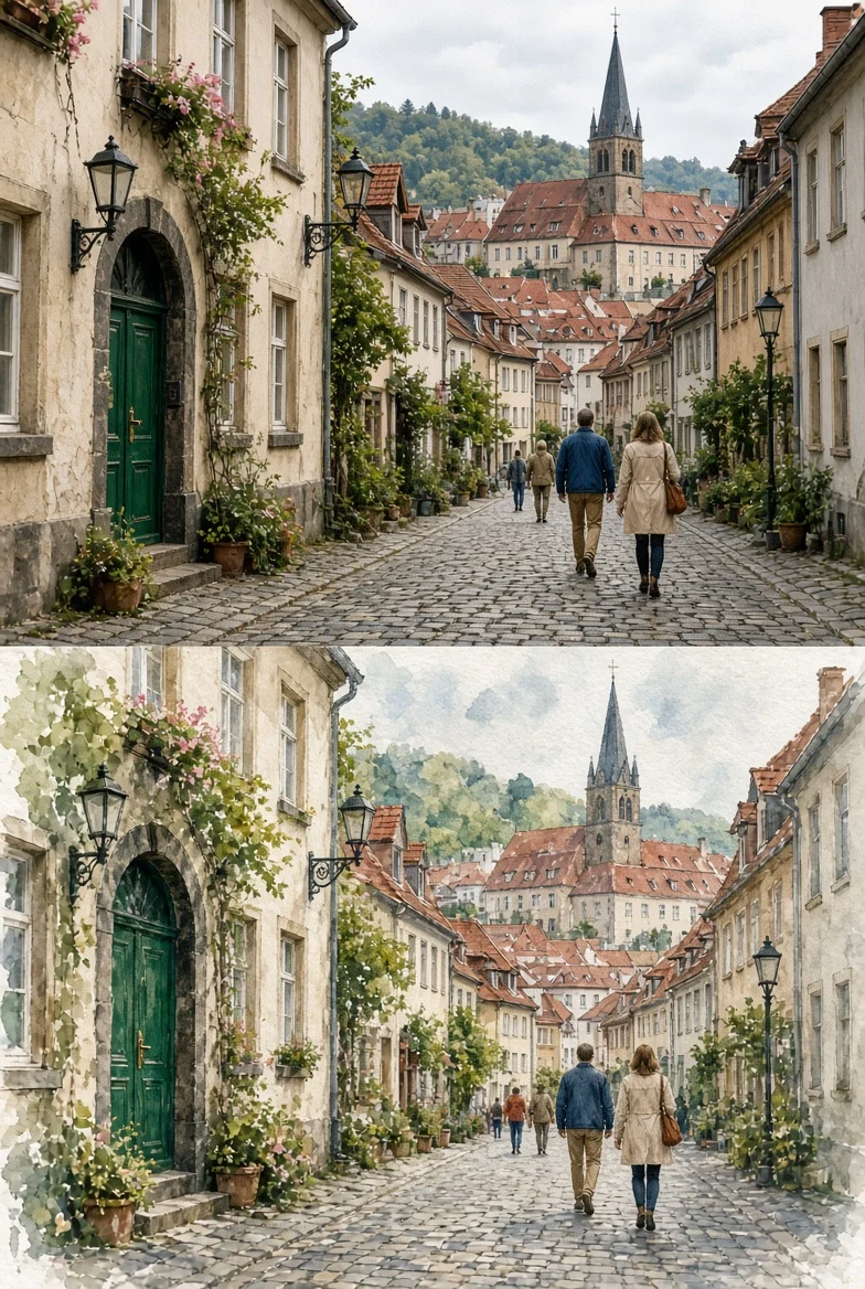 Realistic Old Town Street Transforms into Soft Watercolor Painting