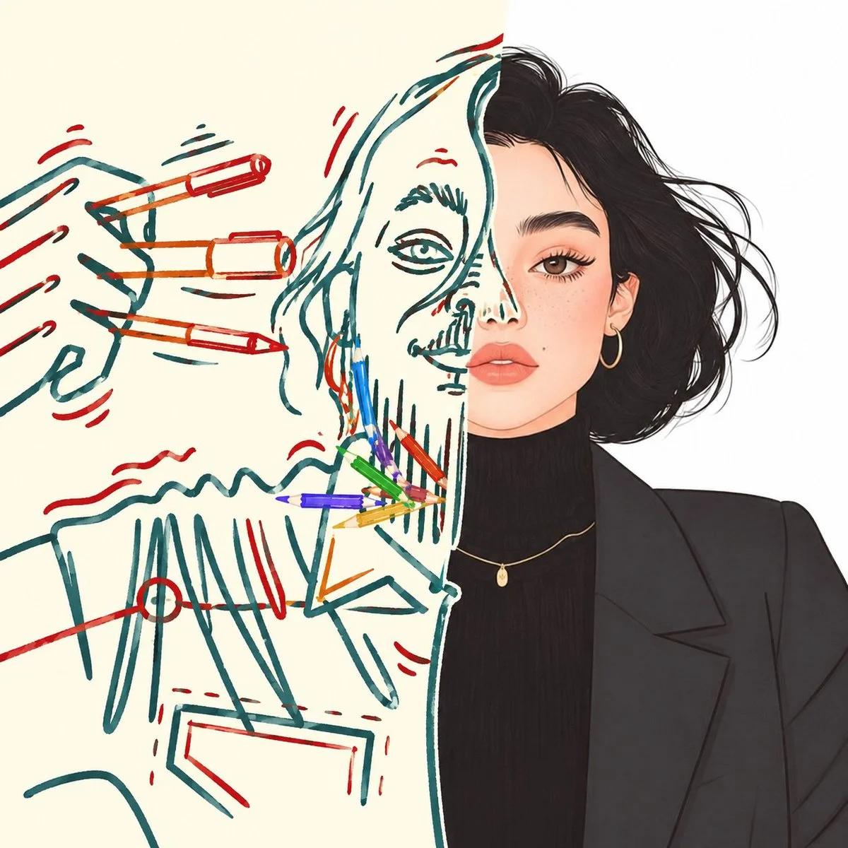 Realistic portrait meets vibrant crayon sketch in split composition