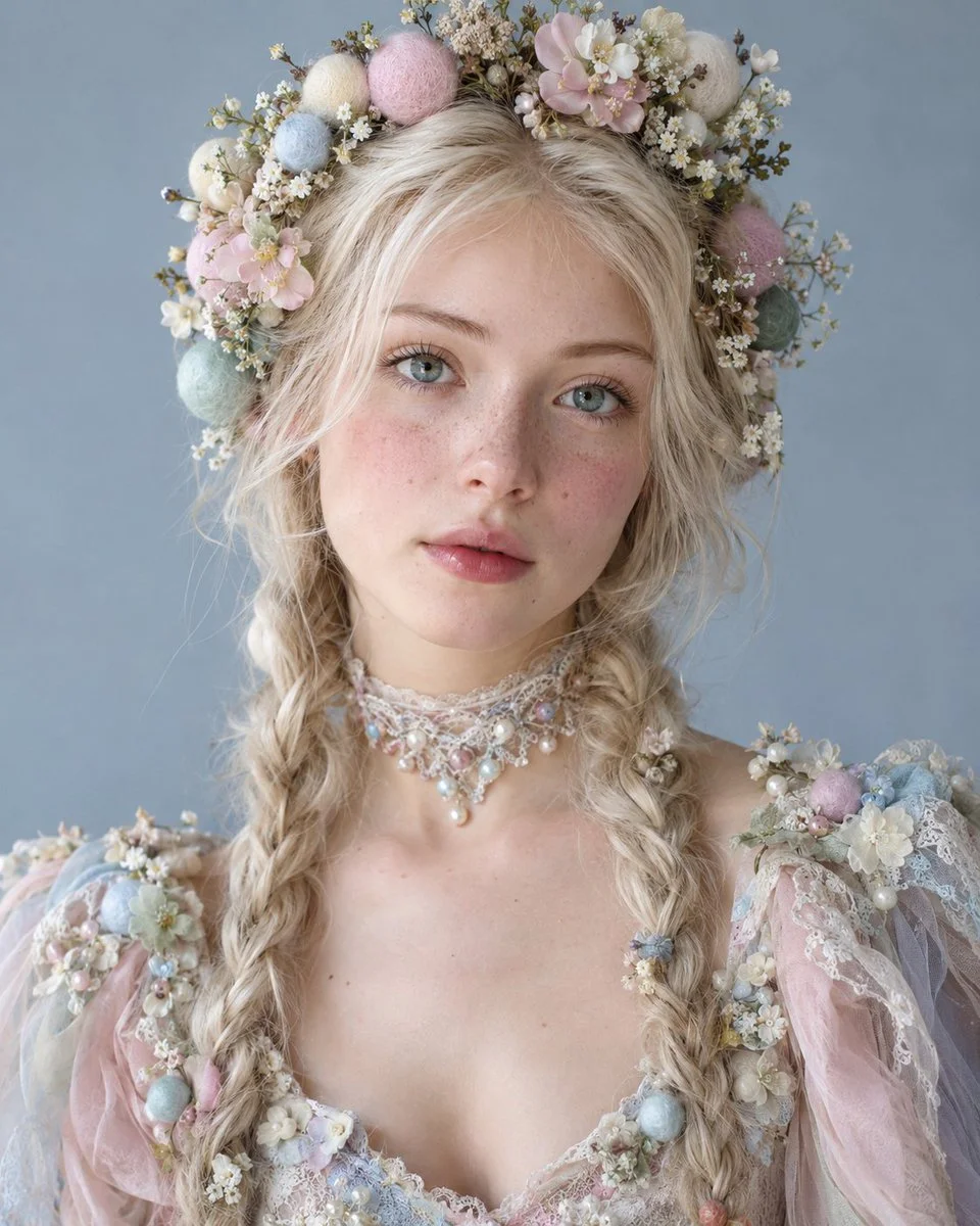 Realistic portrait of a blonde woman in floral couture with braided hair