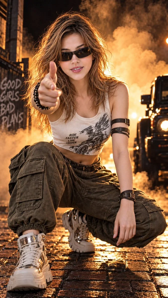 Rebel woman aims finger gun through smoke in cinematic night portrait