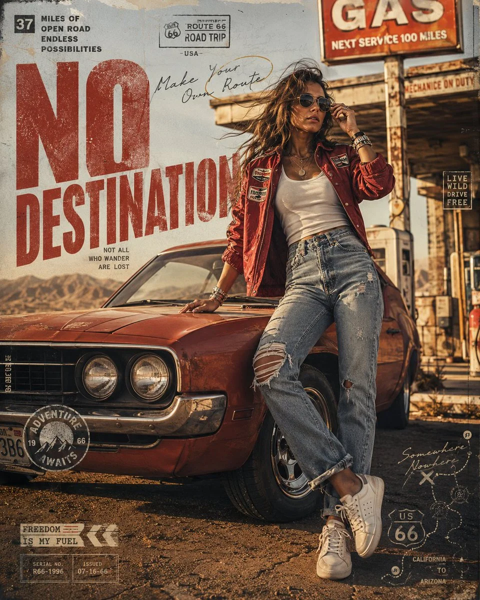 Rebel woman leans against vintage muscle car in desert