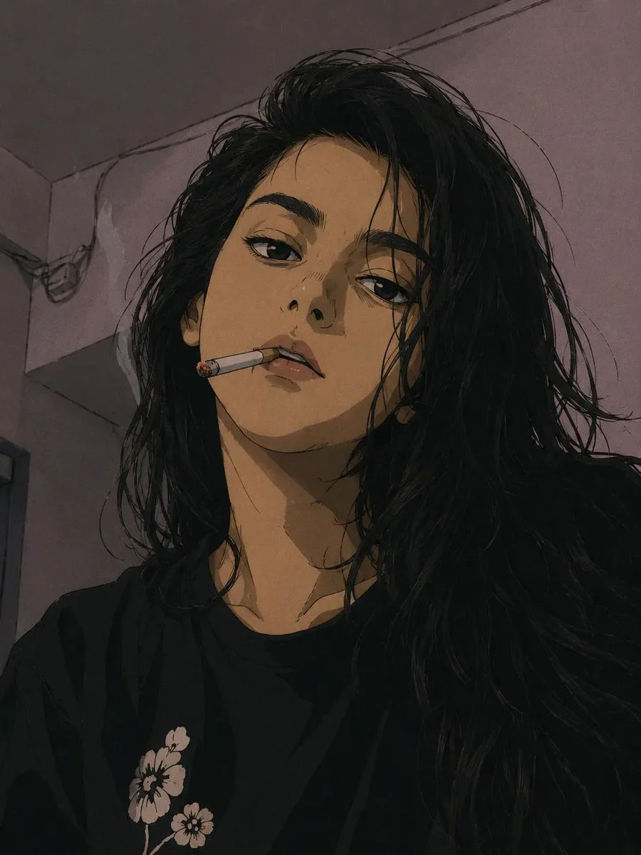 Rebellious anime woman glares through cigarette smoke in muted tones