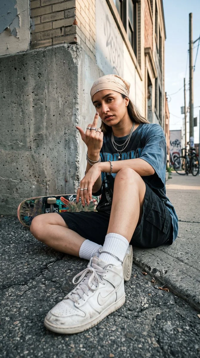 Rebellious Street Portrait with Raised Middle Finger in Sunlight