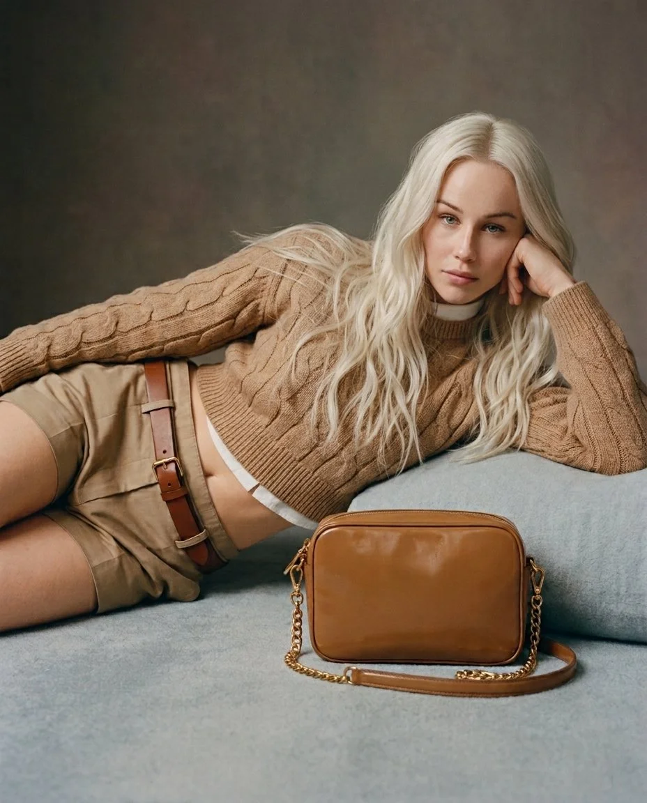 Reclining Model in Cable-Knit Sweater Poses with Miu Miu Bag