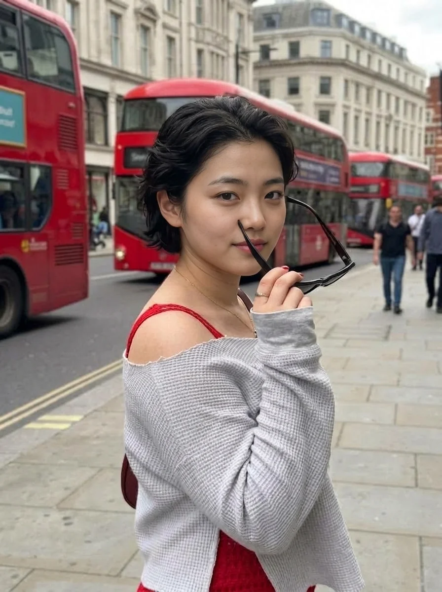 Red bus blurs behind woman holding sunglasses in city