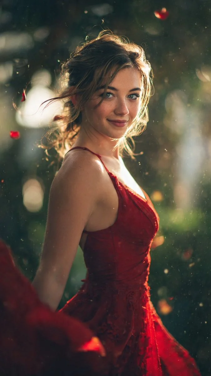 Red dress catches sunlight as rose petals dance around her