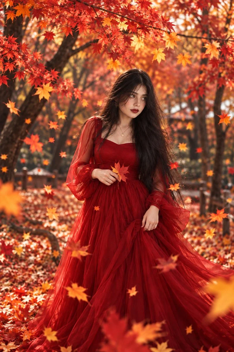 Red gown beauty embraces autumn's glow in maple forest