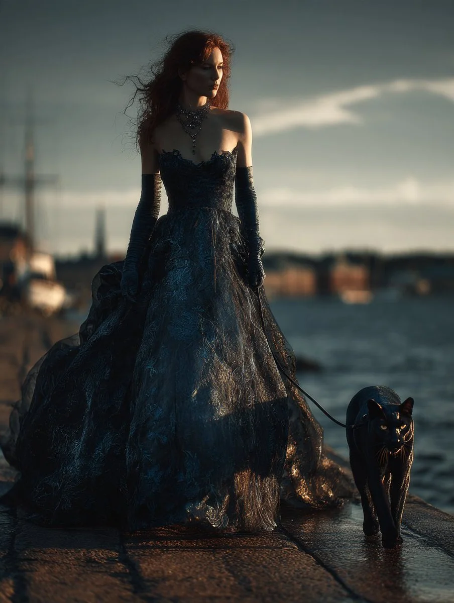 Red-Haired Woman and Panther Companion Stroll Through Golden Hour Stockholm