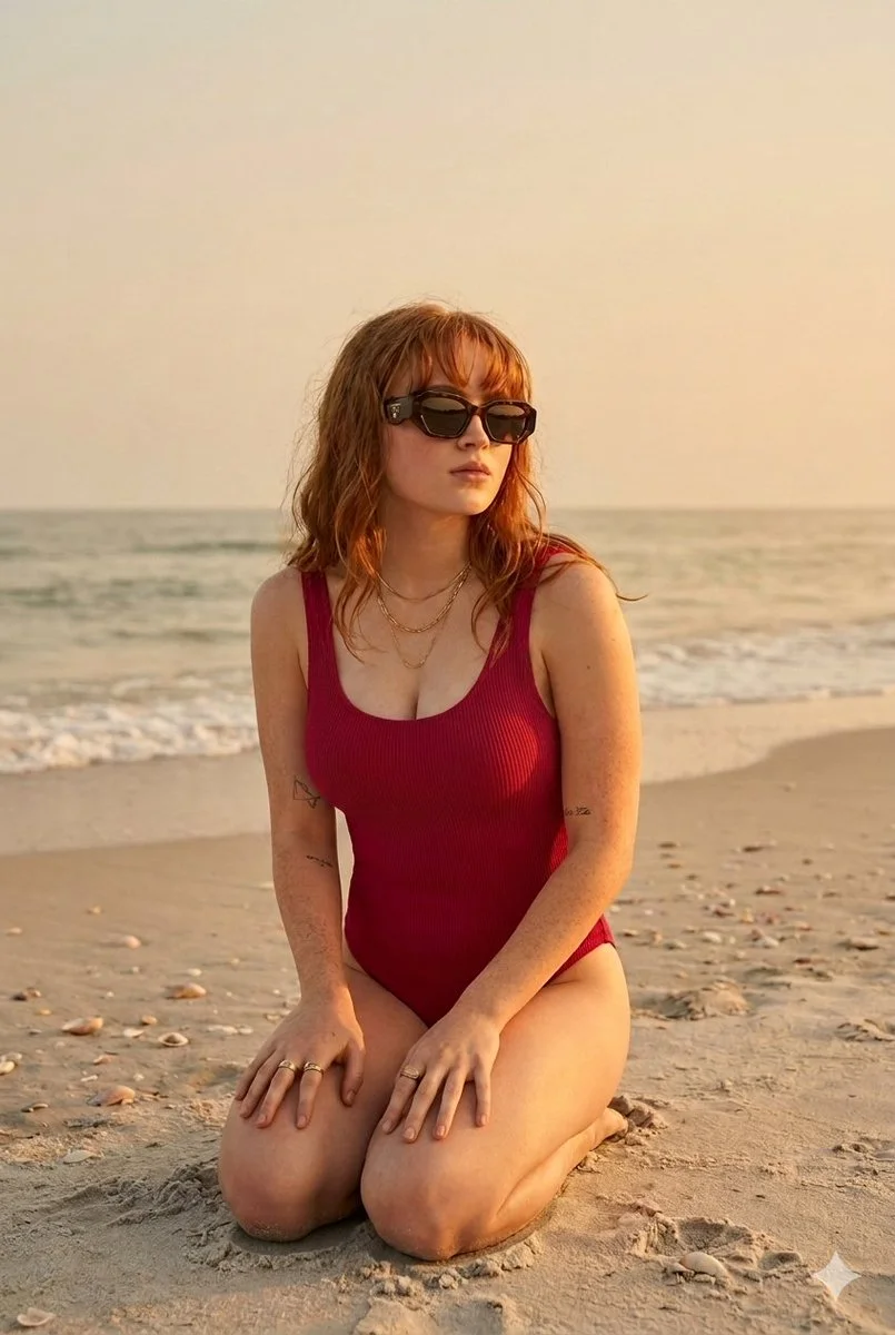 Red-haired woman kneels on beach at golden hour sunset