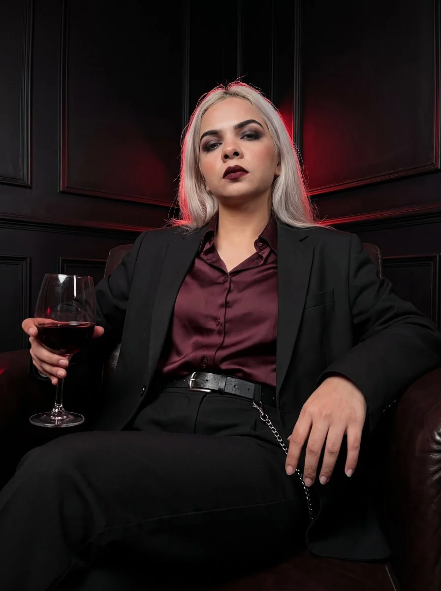 Red rim light sculpts a luxurious noir portrait of a wine-holding woman