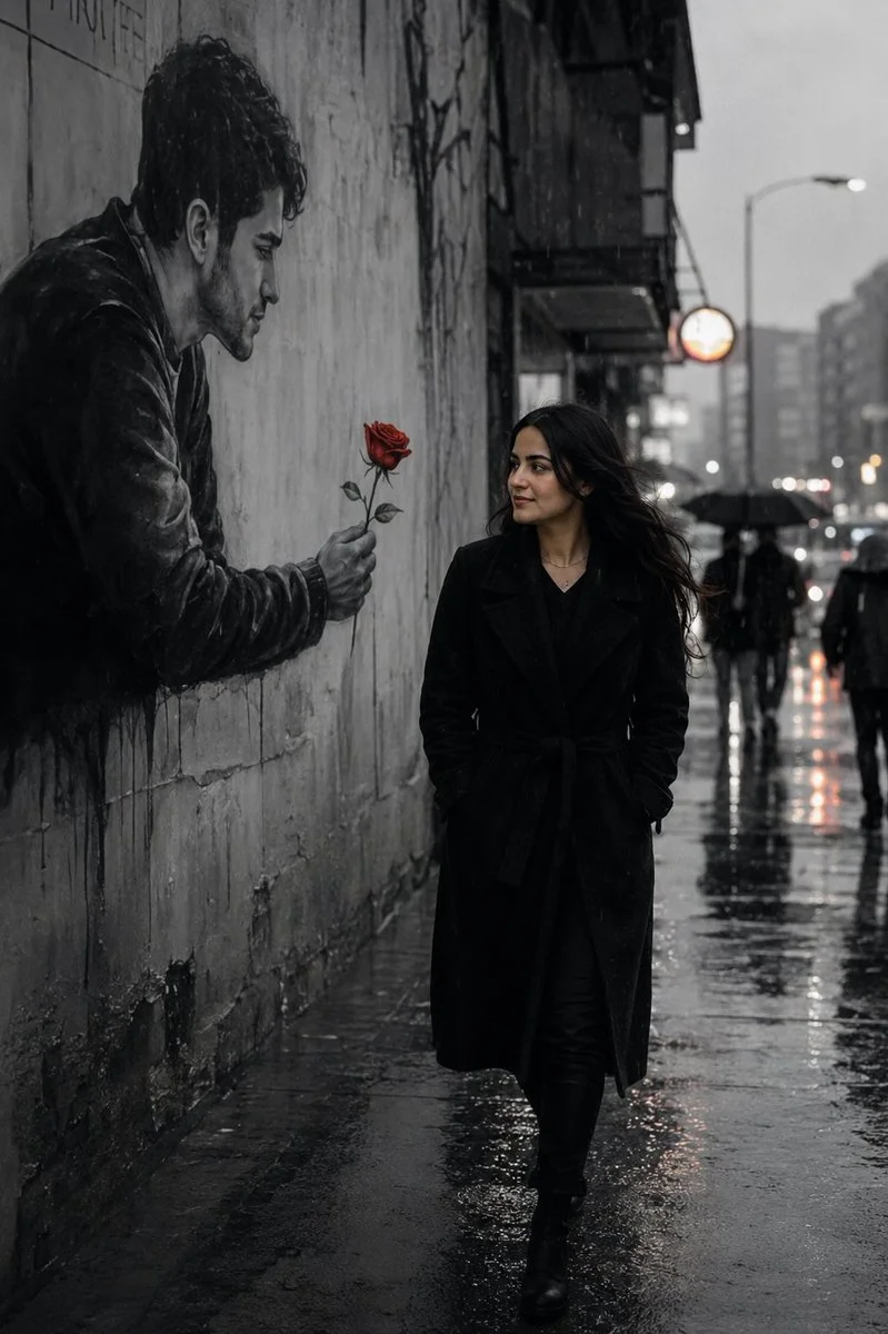 Red rose mural offers color to woman in monochrome rain