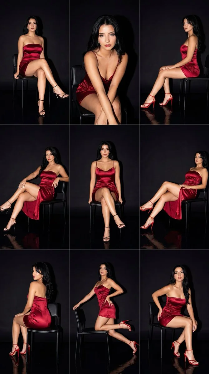 Red Satin Elegance: Ultra-Realistic Night Editorial in 3x3 Grid