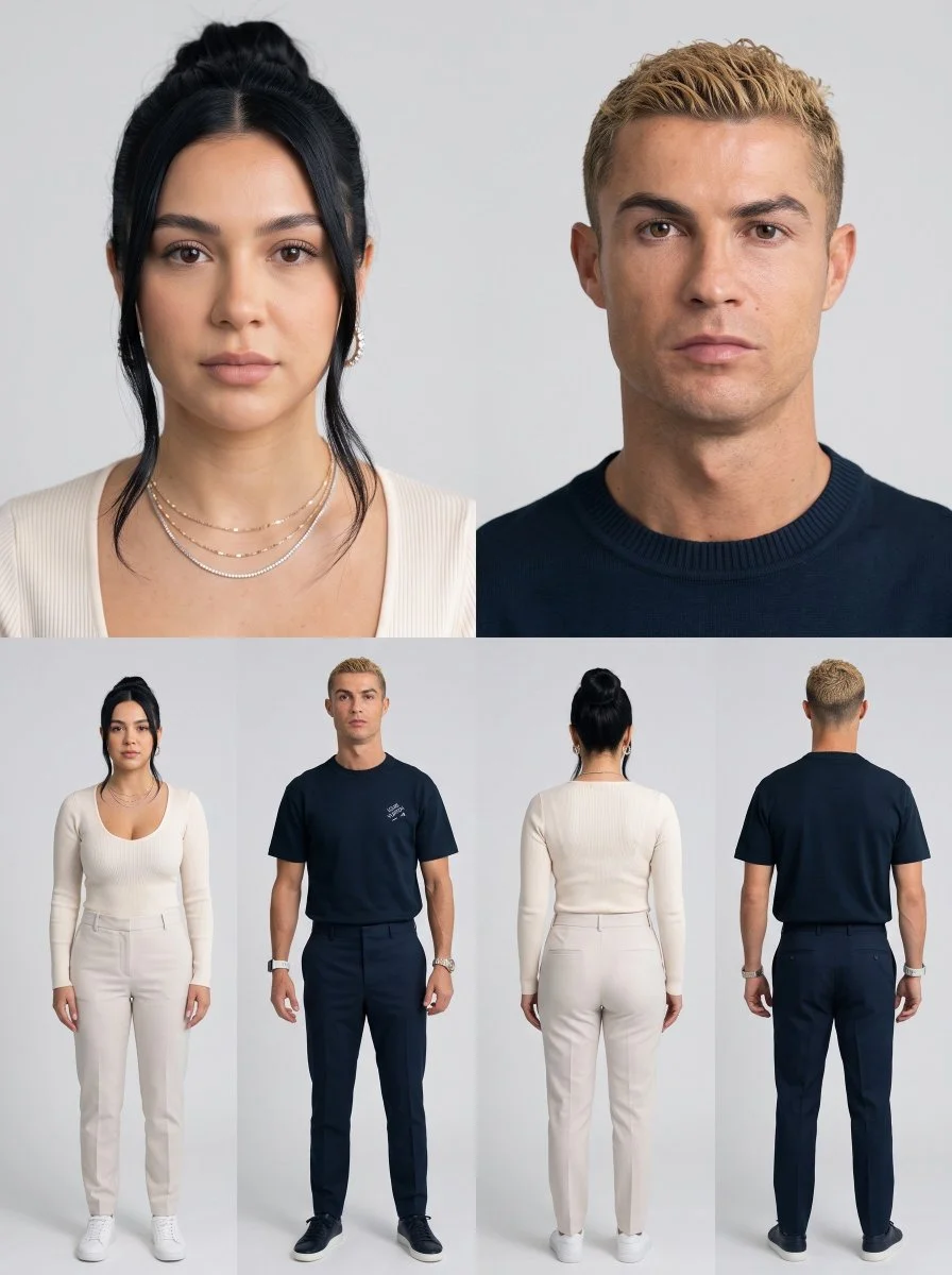 Reference sheet displays head-to-toe character views for design clarity