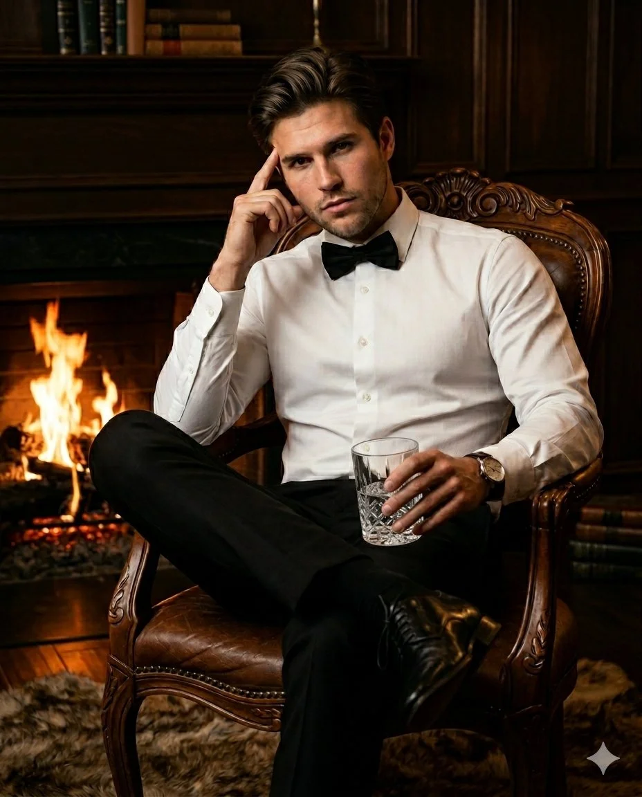 Refined Contemplation by Firelight in a Classic Study