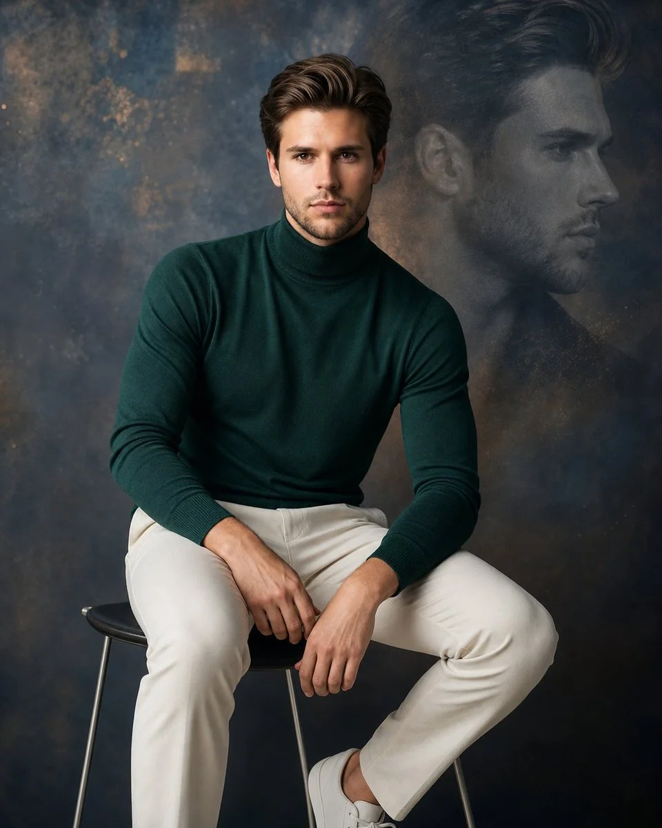 Refined Editorial Fashion Shot with Textured Cinematic Background