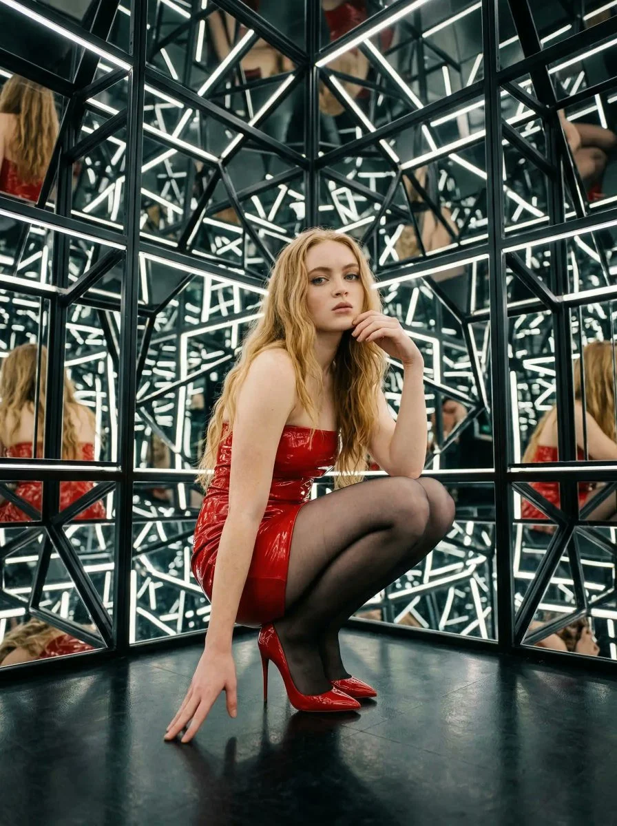 Reflections in Red: Sadia Sink in a Mirrored Labyrinth