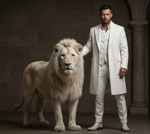 Regal Alliance: Man and White Lion in Cinematic Harmony