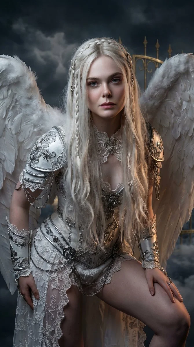 Regal angelic warrior with platinum wings stares confidently at camera