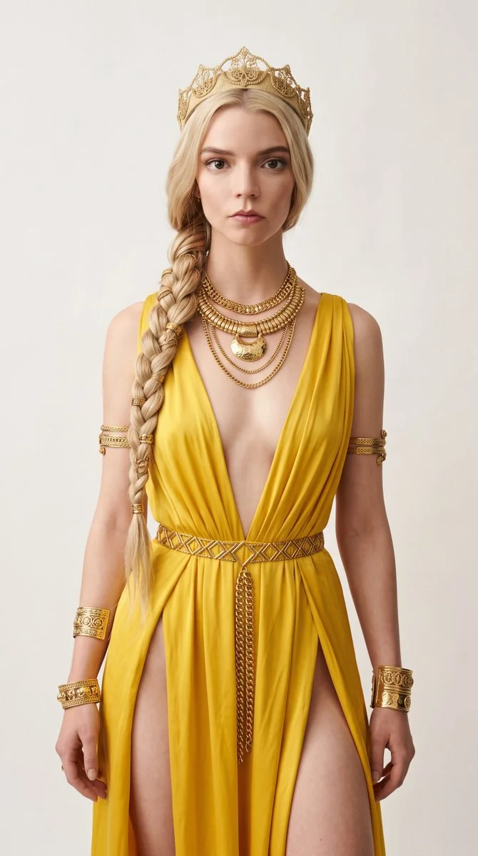 Regal Anya wears golden crown and jewelry in serious portrait