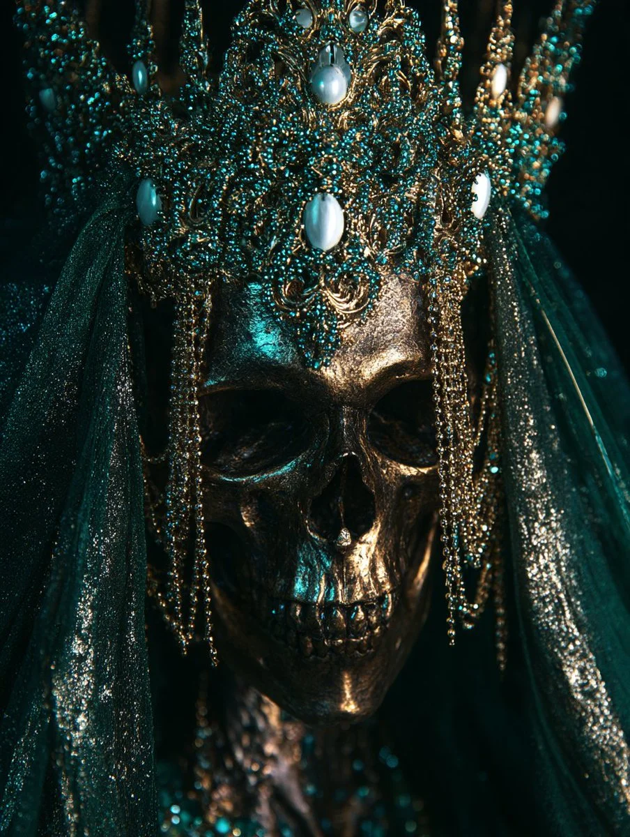 Regal Bronze Skull Adorned With Teal Veil And Gold Jewels