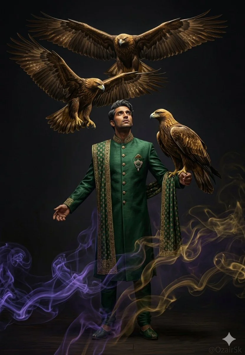 Regal Command: South Asian Man with Golden Eagles in Dramatic Light