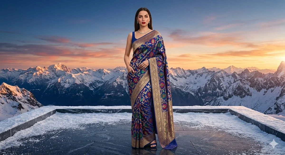 Regal Elegance in Sapphire Saree Against Alpine Sunset