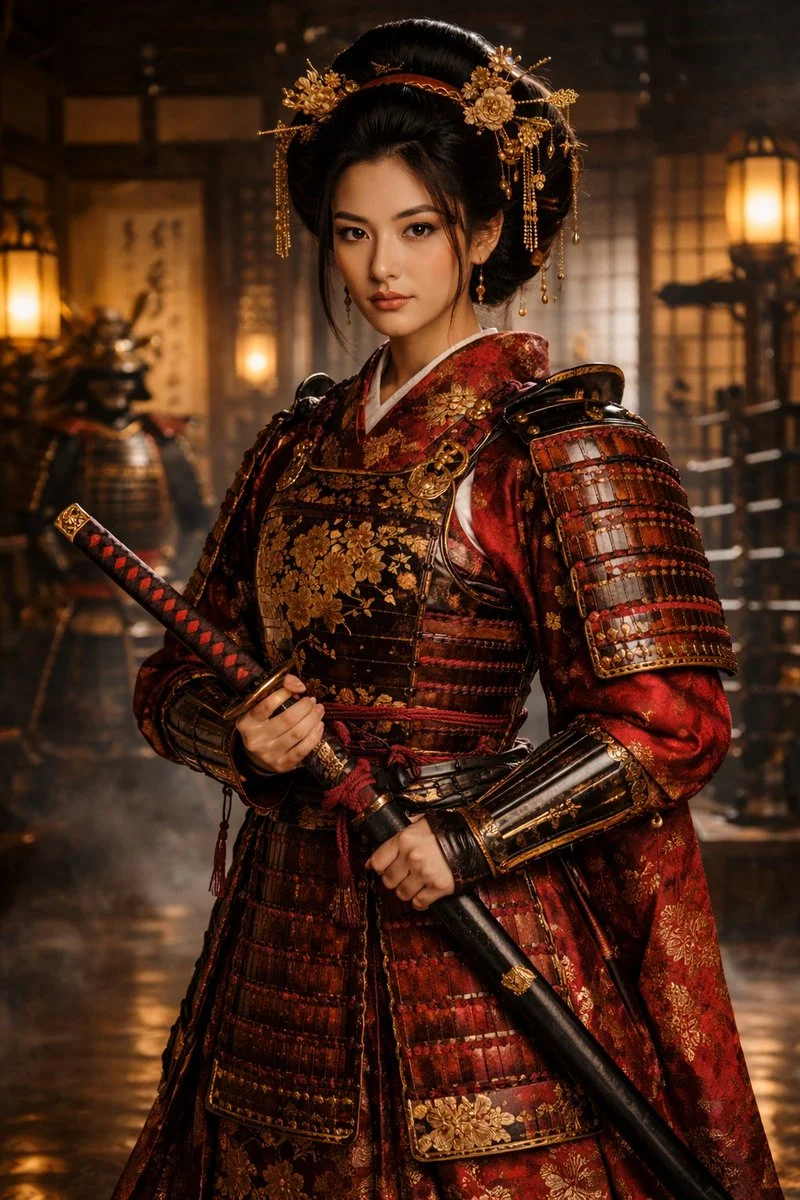 Regal Samurai Woman in Elegant Armor Poised in a Warm Dojo