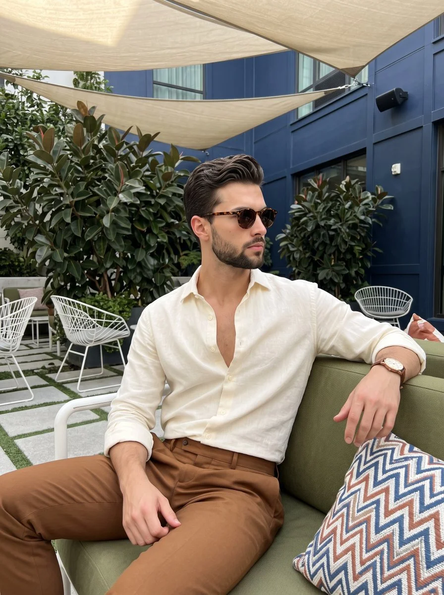 Relaxed man in linen shirt sits on olive sofa outdoors