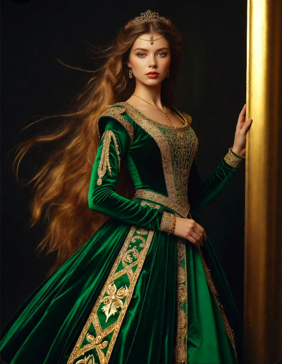 Renaissance-inspired portrait of a regal woman in emerald velvet