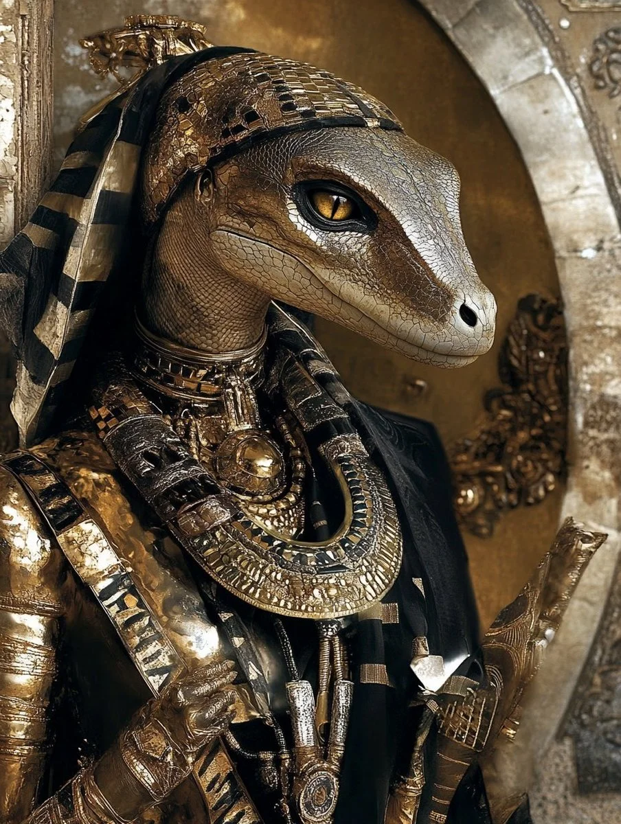 Reptilian commander in gold armor rests hand upon chest plate