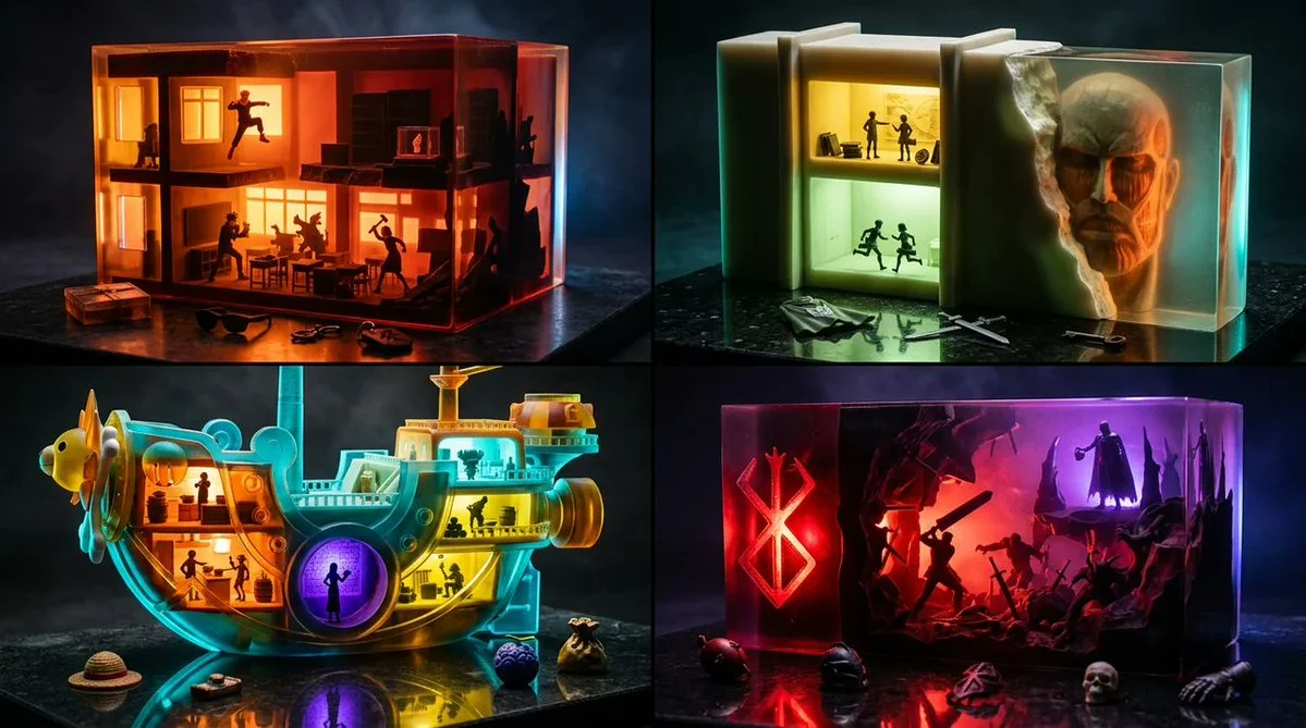 Resin-scaled building glows from within, thin walls blazing bright
