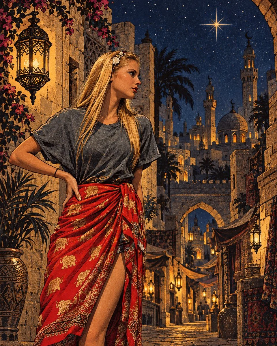 Retro comic portrait of a woman in an ancient Arab city