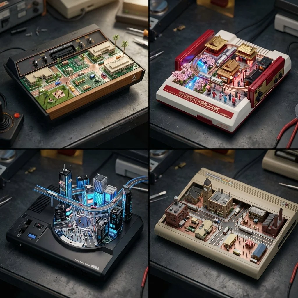 Retro Consoles Reimagined as Miniature Cities Reflecting Their Birthplaces